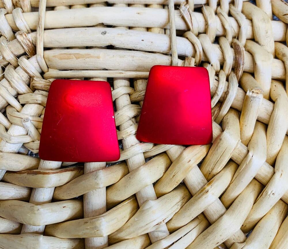 Red Metallic Trapezoidal Earrings Lightweight 1" x 1" at widest